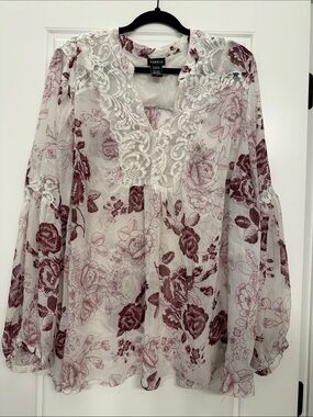 torrid White Blouse with Burgundy Floral Lace-Trim